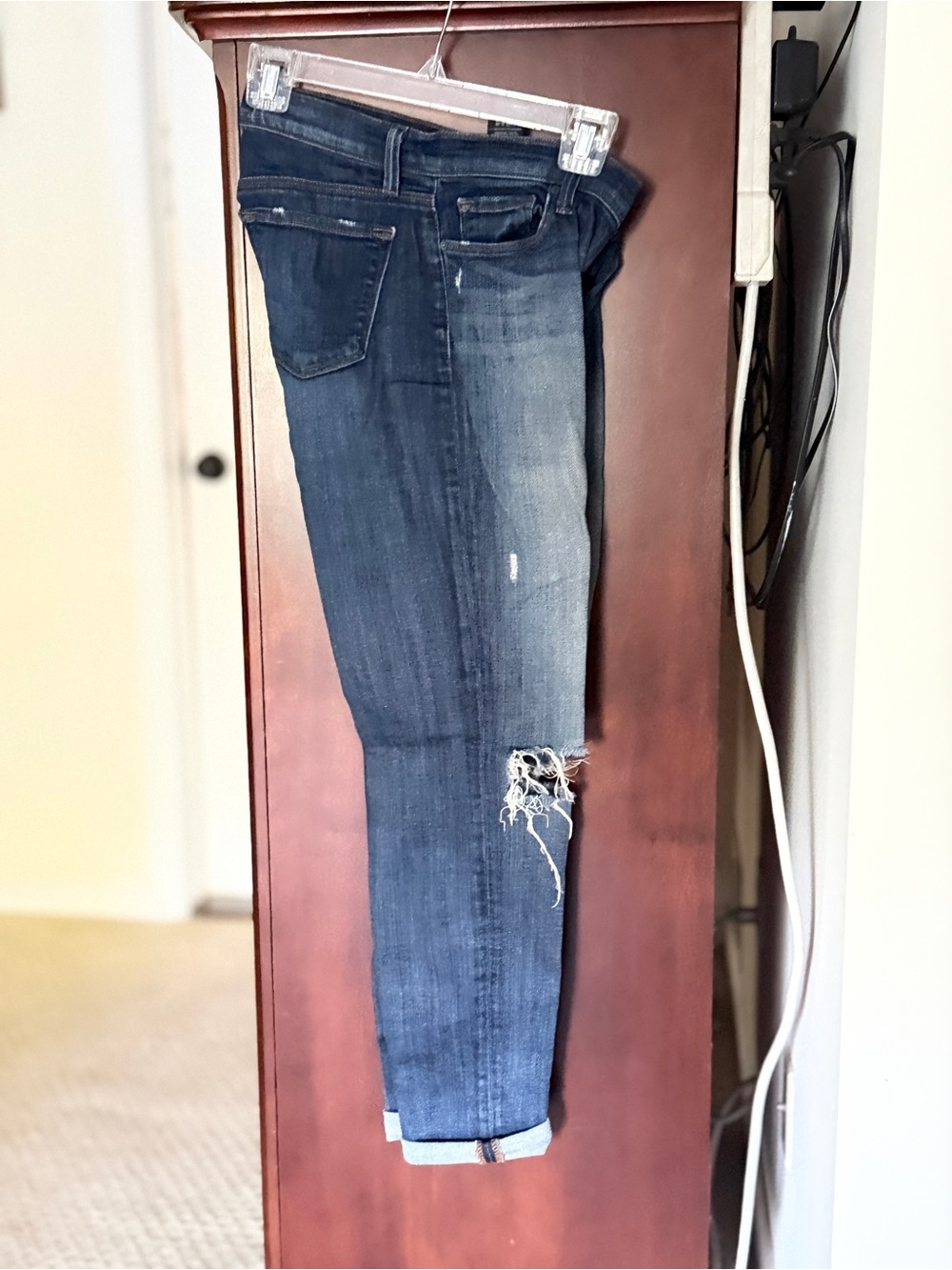 J Brand Women's Skinny Jeans in Dark Blue with Distressed Knee